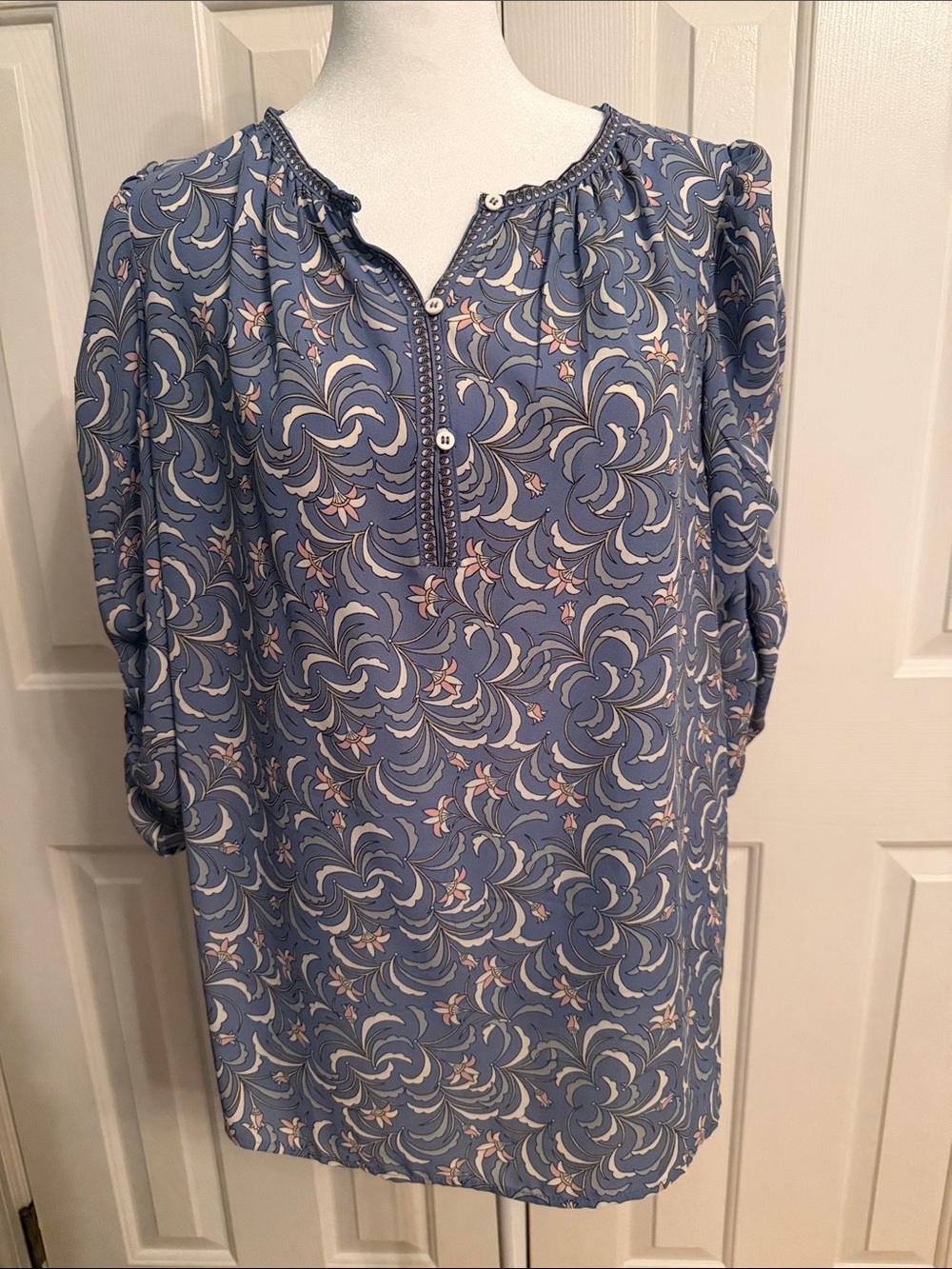 Max Studio Blue Floral Long-Sleeve Henley Blouse